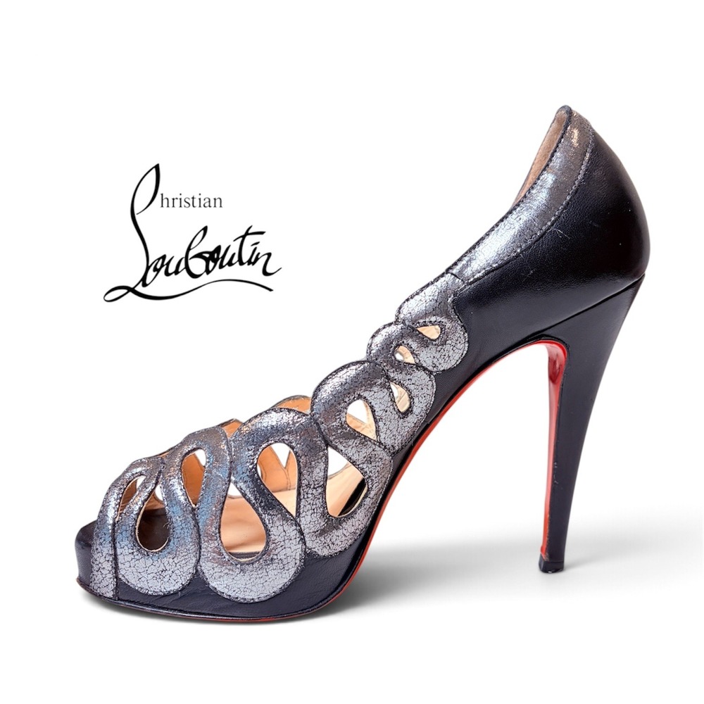 Christian Louboutin Size 36.5 Black Silver Metallic Cut Out Peep Toe Heels
